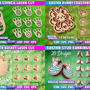 May include: A digital download of 10 laser cut designs for Easter bunny coasters. The designs feature a bunny rabbit with a heart and floral accents. The designs are available in CDR, SVG, PNG, DXF, PDF, and EPS formats.