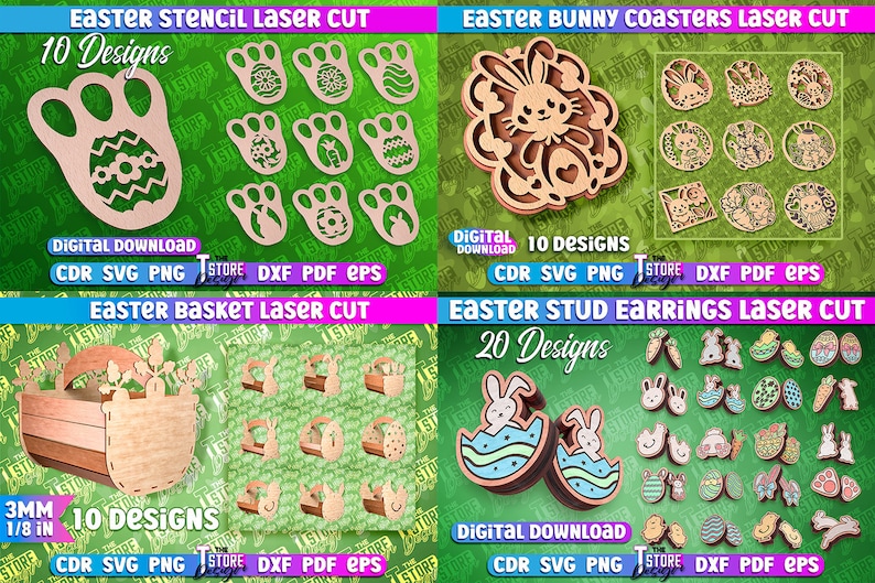 May include: A digital download of 10 laser cut designs for Easter bunny coasters. The designs feature a bunny rabbit with a heart and floral accents. The designs are available in CDR, SVG, PNG, DXF, PDF, and EPS formats.