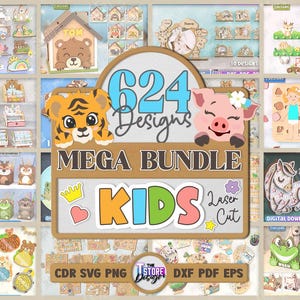 Paquete de 624 cortes láser para niños, corte láser Montessori, rompecabezas para niños cortados con láser, marcos de fotos para bebés (SVG), tarjetas de hitos para bebés (SVG), decoración infantil