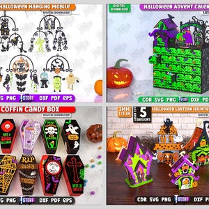 May include: A collection of Halloween-themed laser cut designs. The image showcases a hanging mobile, an advent calendar, coffin-shaped candy boxes, and haunted houses. Each design features intricate details and festive colors, perfect for seasonal decorations.