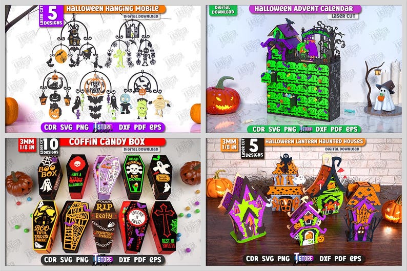 May include: A collection of Halloween-themed laser cut designs. The image showcases a hanging mobile, an advent calendar, coffin-shaped candy boxes, and haunted houses. Each design features intricate details and festive colors, perfect for seasonal decorations.