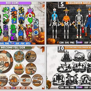 May include: A collection of Halloween-themed digital designs. Includes "BOO" signs, skeleton figures, fall welcome signs, and customizable wall decor. Designs feature pumpkins, bats, and spooky silhouettes. Available in CDR, SVG, PNG, DXF, and PDF formats.