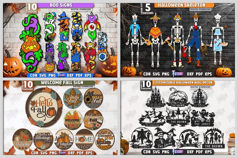 May include: A collection of Halloween-themed digital designs. Includes "BOO" signs, skeleton figures, fall welcome signs, and customizable wall decor. Designs feature pumpkins, bats, and spooky silhouettes. Available in CDR, SVG, PNG, DXF, and PDF formats.