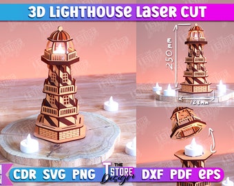 3D Lighthouse Laser Cut, Laser Cut Lighthouse 3mm Digital File, Wooden 3D Lighthouse Lantern, Lighthouse 3D Puzzle File, Tealight Holder