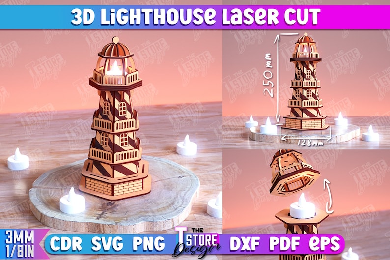 K&ouml;nnte beinhalten: Ein 3D-Laser-Schnittmodell eines Leuchtturms mit einem gestreiften Design. Das Modell ist aus Holz gefertigt und 250 mm hoch und 128 mm breit. Das Modell ist zum Zusammenbauen konzipiert und kann als Dekorationsst&uuml;ck oder Nachtlicht verwendet werden.