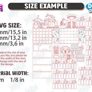 May include: Digital download of a laser cut design with the text "SIZE EXAMPLE". The average size is 15.5 in x 13.2 in x 3.6 in. Material width is 1/8 in. The design includes various shapes and structures.