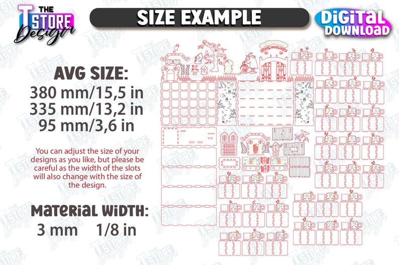 May include: Digital download of a laser cut design with the text "SIZE EXAMPLE". The average size is 15.5 in x 13.2 in x 3.6 in. Material width is 1/8 in. The design includes various shapes and structures.