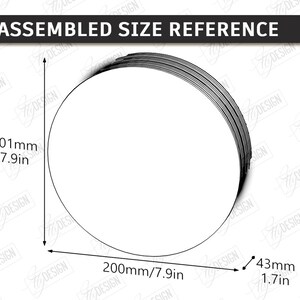 May include: A stack of circular objects with a diameter of 7.9 inches (200mm) and a height of 1.7 inches (43mm). The image includes size references and the text "ASSEMBLED SIZE REFERENCE".