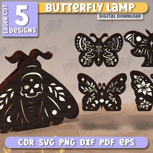 May include: Five digital download designs for laser cut butterfly lamp patterns. The designs feature intricate details, including floral elements, moons, and stars.