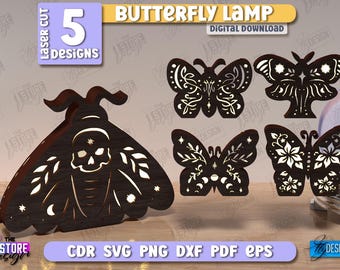 Schmetterlingslampe Laser Cut Bundle, 3D Holznachtlichter SVG, mystisches Design, Schmetterlingskunst, Tischlampe, himmlische Laterne, Schattenlampe SVG