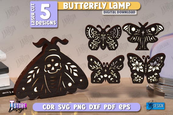 Butterfly Lamp Laser Cut Bundle, 3D Wooden Night Lights SVG, Mystical Design, Butterfly Art, Table Lamp, Celestial Lantern, Shadow Lamp SVG