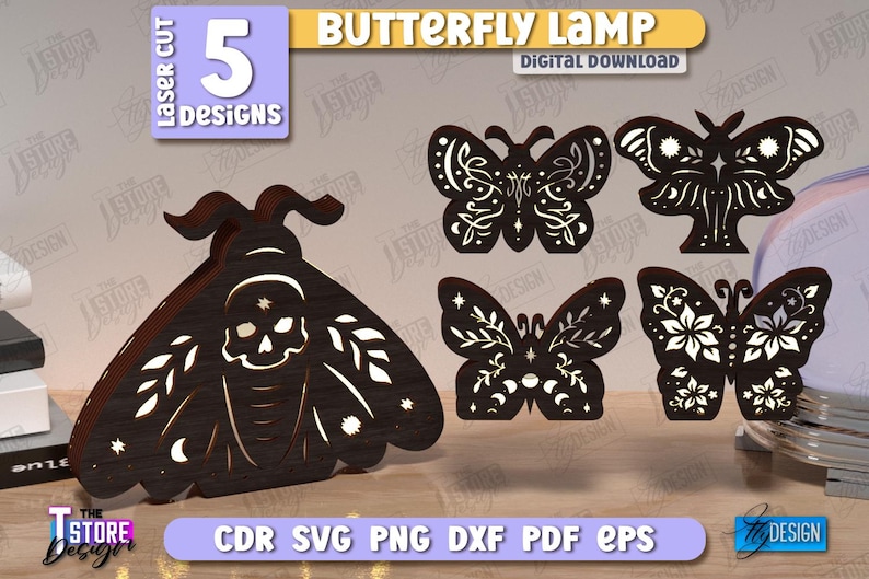 Butterfly Lamp Laser Cut Bundle, 3D Wooden Night Lights SVG, Mystical Design, Butterfly Art, Table Lamp, Celestial Lantern, Shadow Lamp SVG image 1