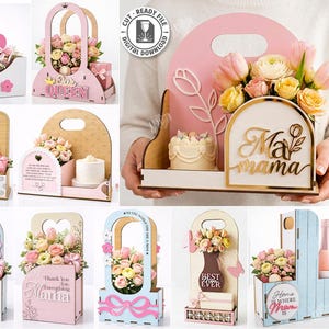 Boîte cadeau fleur découpée au laser - panier fête des mères - support pour composition florale - idée cadeau maman svg