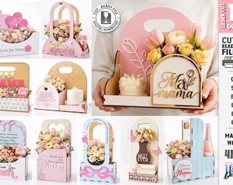 Boîte cadeau fleur découpée au laser - panier fête des mères - support pour composition florale - idée cadeau maman svg