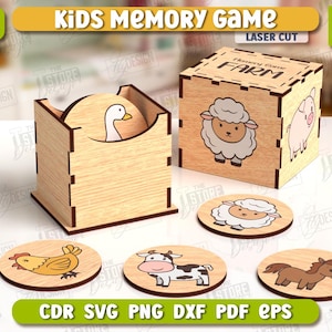 Kids Memory Game Laser Cut, Farm Animals, Board Kids Game, Matching Game, Montessori Game, Memory Game with Holder Box, Educational Toy