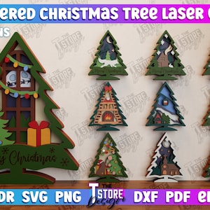 3D Layered Christmas Trees Bundle, Christmas Tree Laser Cut, Xmas Wooden Decor, Christmas Shelf Sitter, Xmas Standing Decor, Christmas Scene