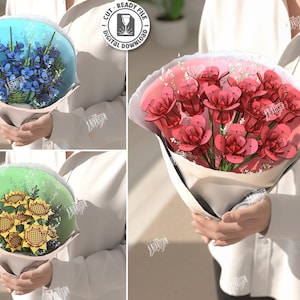 Peut inclure: Trois modèles floraux découpés au laser sont présentés en bouquets. Les bouquets présentent des fleurs bleues, des roses rouges et des tournesols jaunes. L'image comprend le texte : "CUT READY FILE DIGITAL DOWNLOAD" et "3 DESIGNS". La largeur du matériau est de 3 mm.