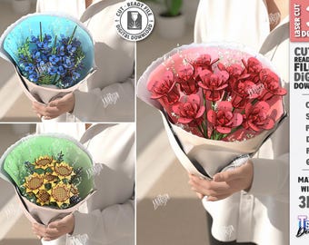 Conjunto de Buquê de Flores de Madeira 3D Cortado a Laser, Flores de Madeira Cortadas a Laser, Buquê de Flores Silvestres, Presente para o Dia das Mães, Modelo Floral Composto, Eterno