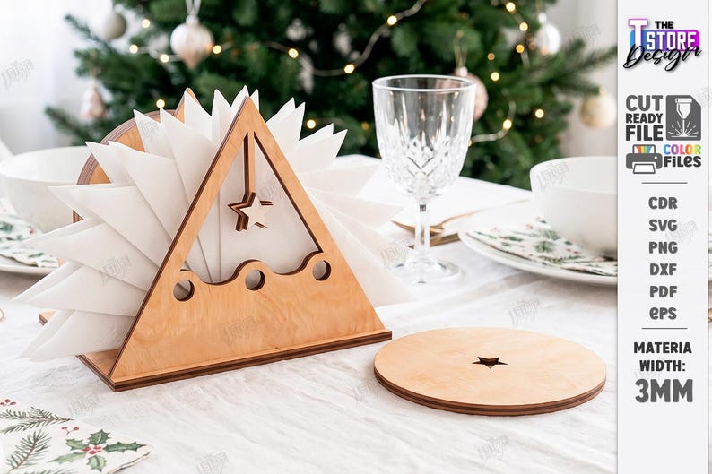 May include: A triangular wooden napkin holder with a star cutout and three circular holes, holding white napkins. Beside it sits a round wooden coaster with a small star cutout. The material width is clearly labeled as 3mm on the side.