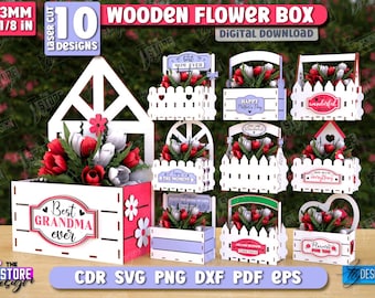 Peut inclure: Dix modèles de boîtes à fleurs en bois à découper au laser, à télécharger numériquement. Les modèles comprennent diverses phrases comme "Best Grandma Ever", "Happy Mother's Day" et "Live in the Moment".
