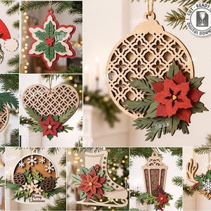 May include: A collection of ten laser-cut wooden Christmas ornaments featuring intricate geometric patterns, poinsettias, pine branches, bells, ice skates, and lanterns. The designs include text labels for digital download file formats.