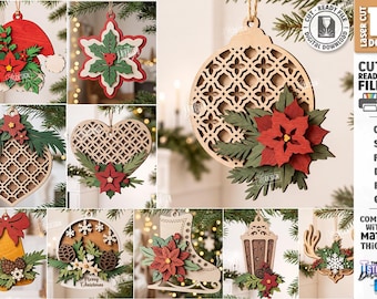 Adornos navideños SVG - Adorno de flor de Pascua cortado con láser - Decoraciones de madera para árbol de Navidad - Decoración floral navideña SVG