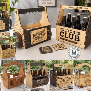 以下が含まれることがあります： 「Bottles Up Stress Down」、「Cold Ones Club」、「Tactical Beer Unit」などの刻印やテキストが施された、レーザーカット木製ビールキャリアのコレクション。各キャリアには栓抜きが内蔵されており、素材の厚さは6mmです。