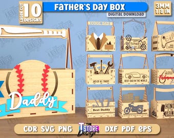 May include: Ten digital designs for Father's Day boxes. The designs include a baseball, tools, a grill, a car, and a motorcycle. Each design is 3 mm thick and includes the text "Daddy", "Jack of All Trades", "Best Dad in the World", "Best Daddy", "The Greatest Fisherman", and "King of the Grill".