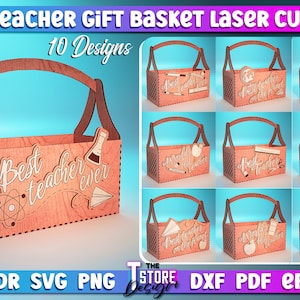 先生へのギフトバスケット レーザーカット SVG バンドル | 先生へのギフトデザイン | 面白い学校デザイン