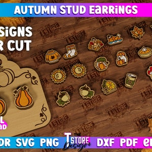 May include: Ten autumn-themed stud earring designs for laser cutting. The designs include pumpkins, gourds, leaves, mushrooms, and a turkey. The text "Autumn Stud Earrings" and "10 Designs Laser Cut" is displayed on the image.