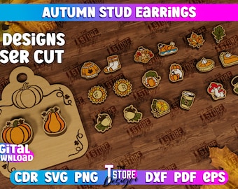 Fall Earrings SVG Bundle, Autumn Stud Earrings, Autumn earrings bundle, Wooden fall earrings designs, stud earrings laser cut, cnc files