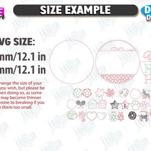 Pu&ograve; includere: Grafica digitale scaricabile con il testo "SIZE EXAMPLE" e "DIGITAL DOWNLOAD". L'immagine include un design circolare, un cartello "Welcome to our Home" e varie piccole icone. La dimensione media &egrave; di 30,8 cm.