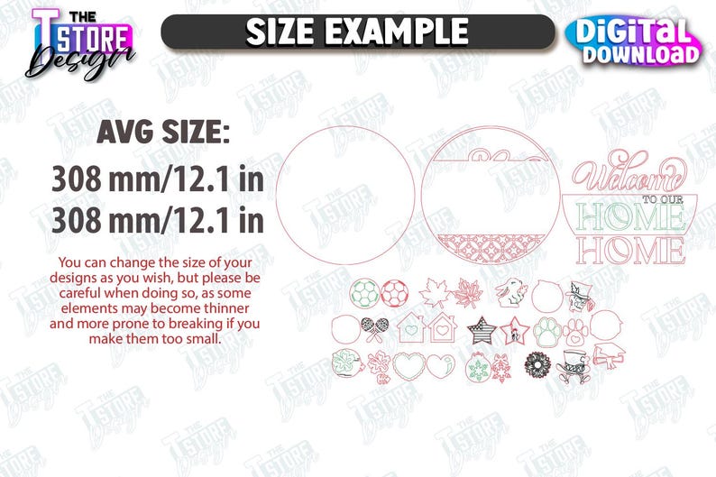 Pu&ograve; includere: Grafica digitale scaricabile con il testo "SIZE EXAMPLE" e "DIGITAL DOWNLOAD". L'immagine include un design circolare, un cartello "Welcome to our Home" e varie piccole icone. La dimensione media &egrave; di 30,8 cm.