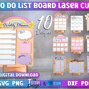 May include: Ten printable designs for laser cut weekly planner boards. The designs feature a variety of colours and styles, including rainbow, floral, and geometric patterns. The boards are 3 mm thick and are available in a digital download format.