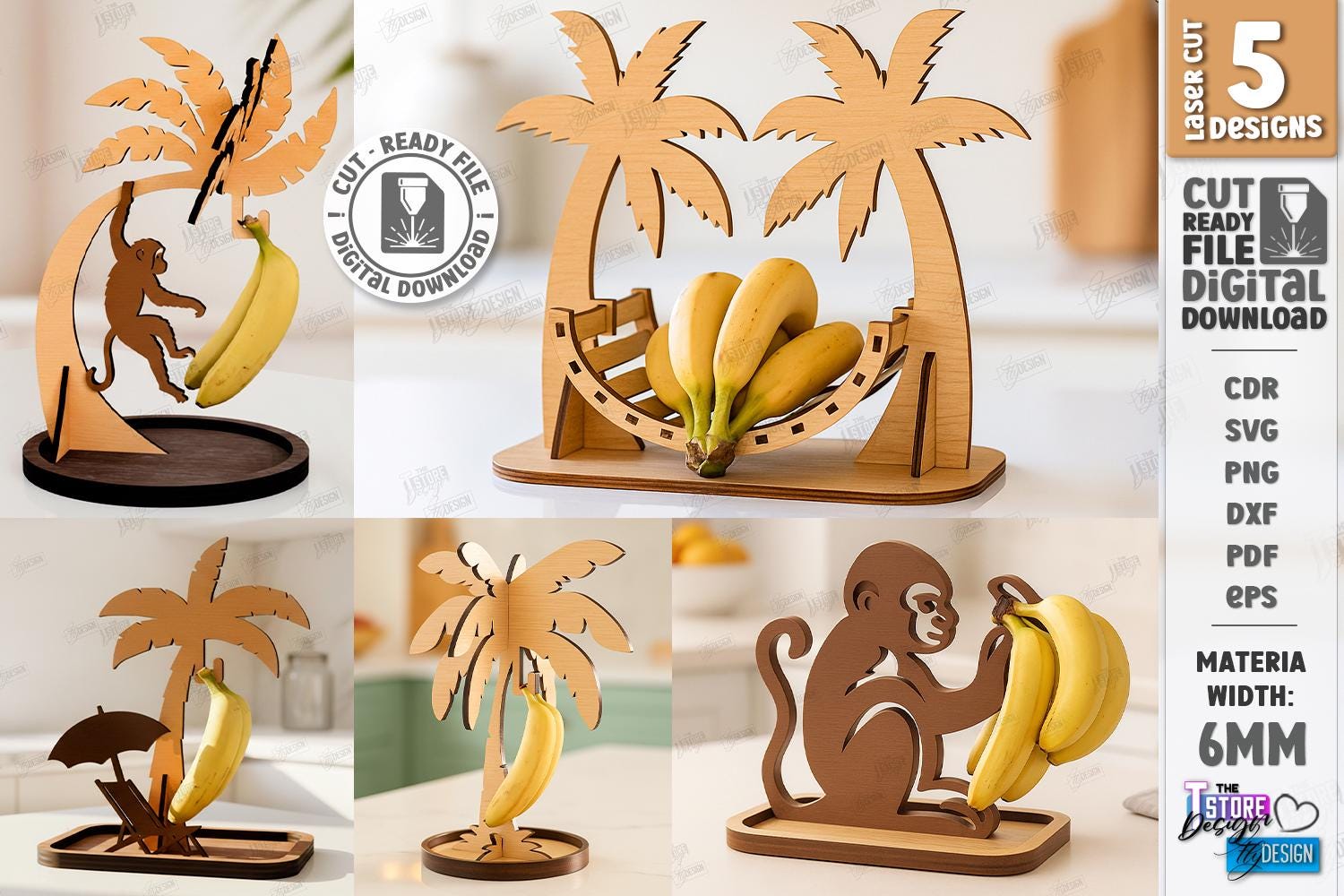 【週末セール】【3Dアート】MULTIPLE BANANA インテリア おしゃれ 3d Banana Holder With Hooks Laser Cut Bundle, Funny Shelf Sitter
