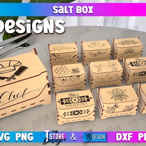 May include: Ten different designs for salt boxes, each with a different design. The designs include a chef's hat and knives, a floral design, a beehive, a bird, and a floral design with the text "Bless This Kitchen". The boxes are made of wood and are 3mm thick.