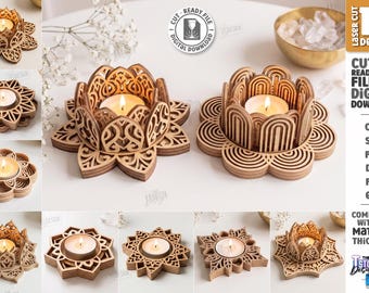 Wooden Tealight Holder Laser Cut File - Lotus Candle Holder - Mandala Tea Light Decor - Layered Candle Stand svg