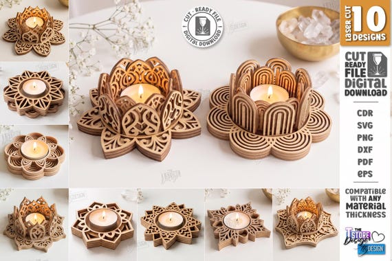 Wooden Tealight Holder Laser Cut File - Lotus Candle Holder - Mandala Tea Light Decor - Layered Candle Stand svg