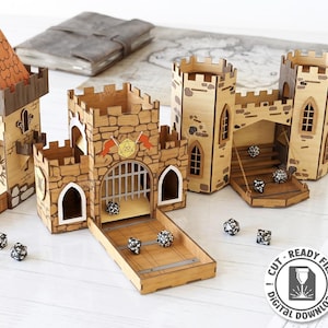 May include: Wooden laser-cut castle dice towers and rolling trays. The set includes three castle designs with intricate details, including a tower with a sun design, a castle gate, and a castle with stairs. The image also shows dice and the text "3 Designs".
