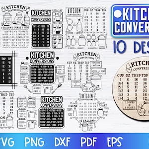 Puede incluir: Diez tablas de conversión de cocina en blanco y negro con diferentes diseños. Cada tabla incluye medidas para tazas, onzas, cucharadas, cucharaditas, pintas, cuartos y galones. Las tablas están etiquetadas como "Conversiones de cocina".