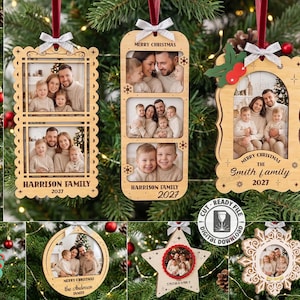 May include: A collection of ten laser-cut wooden Christmas ornaments featuring various shapes like rectangles, stars, and snowflakes. Each ornament includes a photo frame, a white ribbon bow, and engraved text such as Merry Christmas, family names, and the year 2027.
