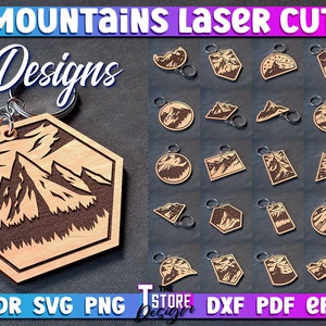 May include: 25 laser cut mountain designs for keychains. The designs are in various shapes and sizes, including circles, squares, rectangles, and hexagons. The mountains are depicted in a brown and black color scheme.