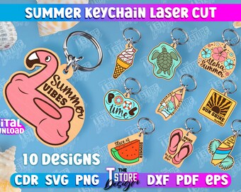 Summer Keychains Bundle, Vacation keychains laser cut, Summer keyring, 3D Surf Laser Cut, Beach svg, Tropical svg,  Surf Themed Keychain SVG