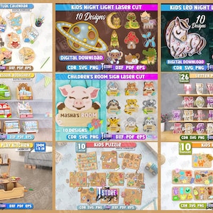 May include: A collection of laser-cut wooden crafts for kids, including a perpetual calendar, night lights, puzzles, a bookshelf, a play kitchen, and a piggy bank. The designs feature various animals and shapes, with the text "Kids" and "Digital Download".