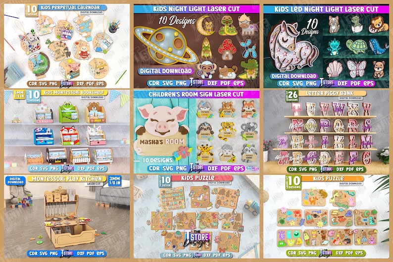 May include: A collection of laser-cut wooden crafts for kids, including a perpetual calendar, night lights, puzzles, a bookshelf, a play kitchen, and a piggy bank. The designs feature various animals and shapes, with the text "Kids" and "Digital Download".