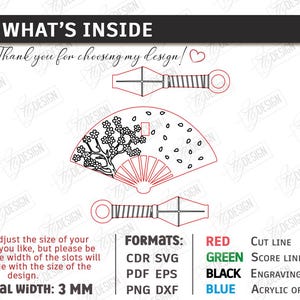 Puede incluir: Dise&ntilde;o de descarga digital que presenta un abanico con detalles de flores de cerezo y dos cuchillos kunai. La imagen incluye texto sobre el ajuste del tama&ntilde;o del dise&ntilde;o y un ancho de material de 3 mm.