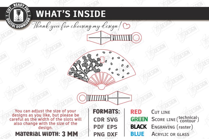 Puede incluir: Dise&ntilde;o de descarga digital que presenta un abanico con detalles de flores de cerezo y dos cuchillos kunai. La imagen incluye texto sobre el ajuste del tama&ntilde;o del dise&ntilde;o y un ancho de material de 3 mm.