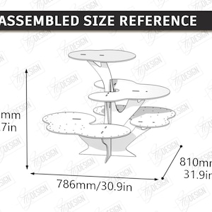 May include: A laser-cut, multi-tiered display stand with a tree-like design. The stand is 24.7 inches tall, 30.9 inches wide, and 31.9 inches deep. The text "ASSEMBLED SIZE REFERENCE" is at the top.