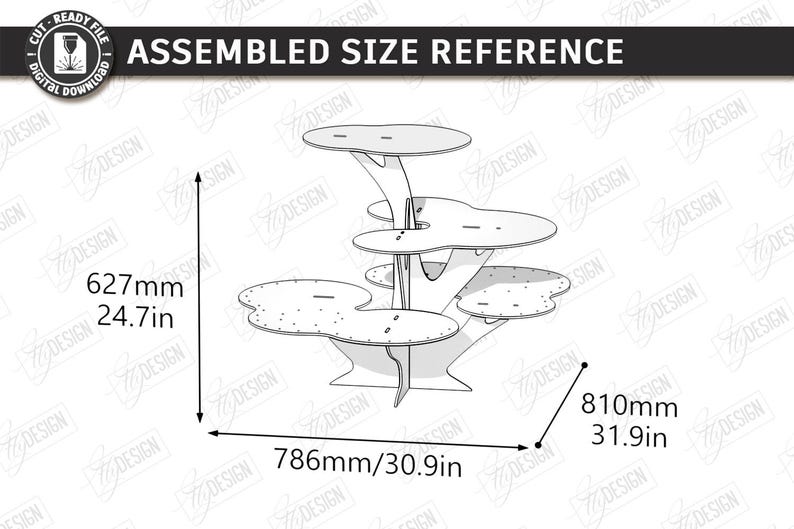 May include: A laser-cut, multi-tiered display stand with a tree-like design. The stand is 24.7 inches tall, 30.9 inches wide, and 31.9 inches deep. The text "ASSEMBLED SIZE REFERENCE" is at the top.