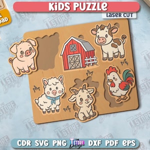 May include: A wooden kids puzzle with farm animal shapes, including a pig, cow, sheep, goat, and rooster. The puzzle also features a red barn. The words "KIDS PUZZLE" and "Laser Cut" are visible.